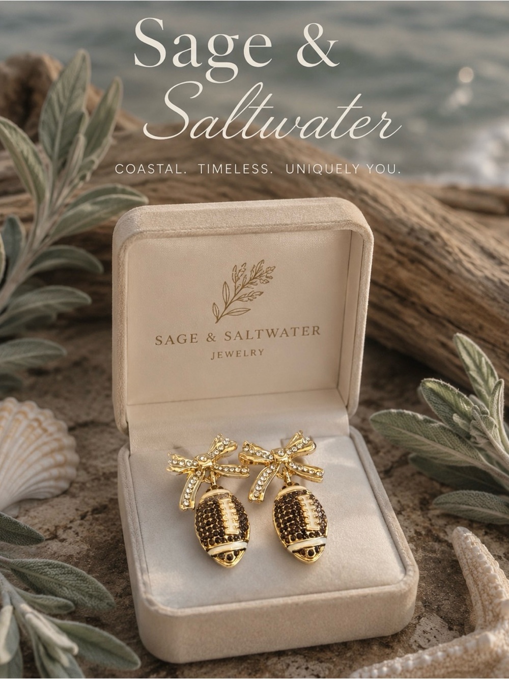 Gold “look” Bow & Beaded Drop Football Earrings